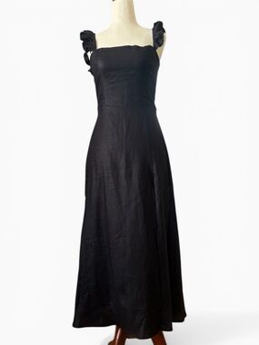 💕Reformation Black Linen Midi Dress Size 4 Ruffle Strap Side Slit Fit & Flare